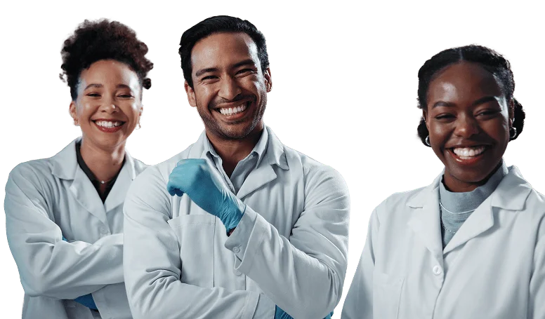 Three diverse researchers in lab coats smiling